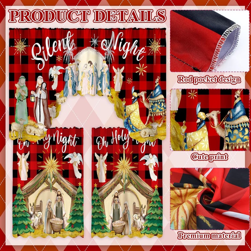 FuWeave Christmas Kitchen Curtains 3 Piece Set Nativity Window Curtains and Valance Set Xmas Curtain Swag for Kitchen Bedroom Living Room Decor, 60 x 36 Valance, 36 x 30 Tier - Image 3